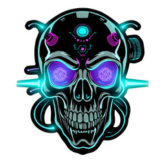 Fototapeta premium Cyberpunk Skull Sticker: Implants & Neon Wiring - Contour Vector Art on White Background