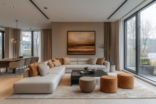 beige home living room with a cozy dining area and a large window allowing natural light to flood the space modern furnishings and a mockup wall adorned with art inviting and restful ambiance