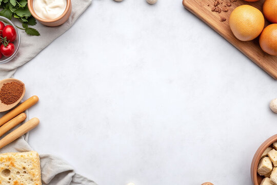 rustic kitchen themed setup on light gray textured surface