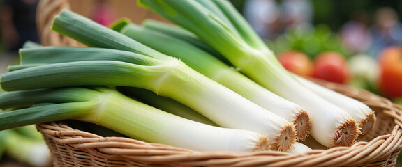 Obraz premium Fresh green leeks in handwoven basket at farmers market, seasonal abundance