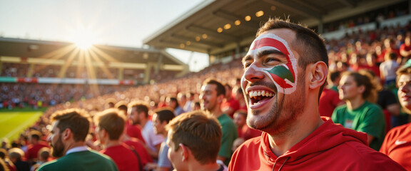 Enthusiastic rugby fan smiling with face paint at stadium, celebration