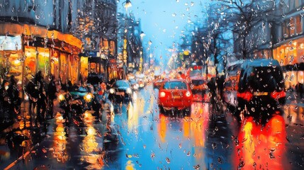 Rainy Night Cityscape Viewed Through Wet Window