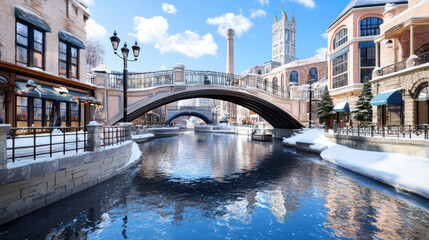 Naklejka premium Picturesque winter scene featuring charming canal, bridge, and snow covered buildings. bright blue sky enhances serene