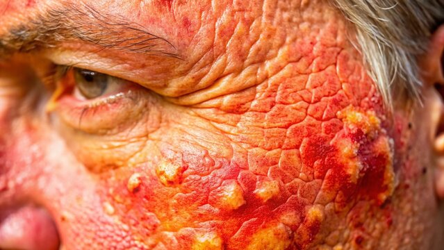 Sunburned Skin Peeling Closeup:  Painful Sun Damage, Red and Blistered Skin Texture