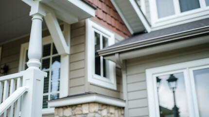 Exterior View of House with Beige Siding, White Trim, and Gray Gutter