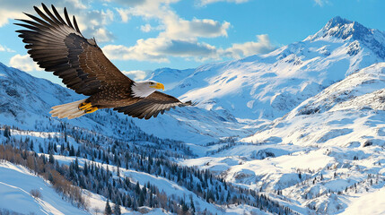 Fototapeta premium Majestic eagle soars over snow capped valley under clear blue sky