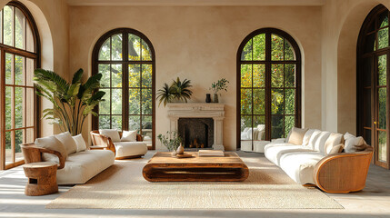 Rustic coffee table between sofa and chairs with fireplace and arched windows in Mediterranean cottage style