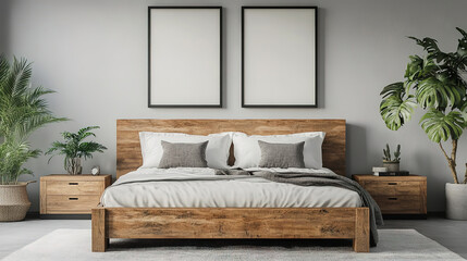 Scandinavian Bedroom Design Featuring Natural Wood Bed and Bedside Cabinets with Poster Frames