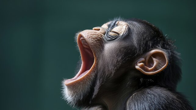 Close-up of a jovial baby chimpanzee with a goofy grin, leaving room for text