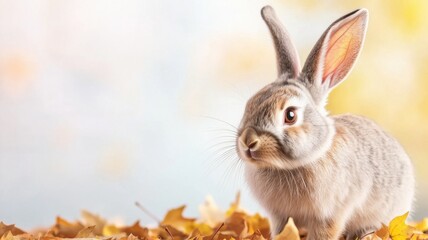 A cute rabbit sits among colorful autumn leaves, showcasing its soft fur and curious expression against a gentle, blurred background.