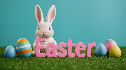 Easter celebration bunny and eggs on green grass background