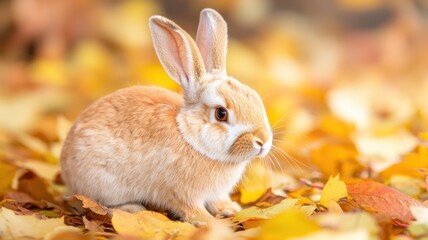 A cute rabbit sits among colorful autumn leaves, showcasing a warm and serene fall atmosphere.
