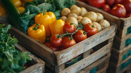 Farmers market display presents fresh organic produce in wooden crates, featuring colorful arrangement of vegetables including tomatoes, cucumbers, potatoes, and leafy greens.