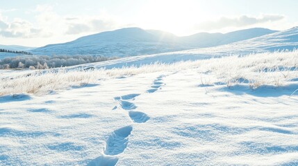 Snowy mountain landscape with footprints in the snow