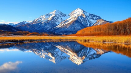 Fototapeta premium Majestic snow-capped mountains reflected in clear lake colorado nature photography serene landscape inspirational viewpoint