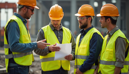 Construction Workers Discussing Project Details on Site