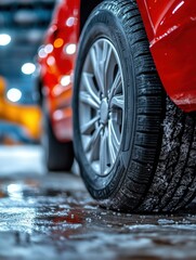 Close-up of a Winter Tire on a Red Vehicle with a Glossy Surface