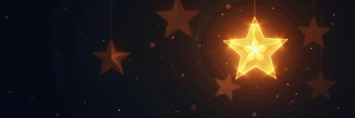 Bright gold star light suspended from the ceiling on a dark background shines like a tiny sun , shining light, lighting fixture