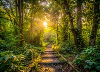 Obraz premium Sunlit Forest Path: Mystical Urban Exploration Photography