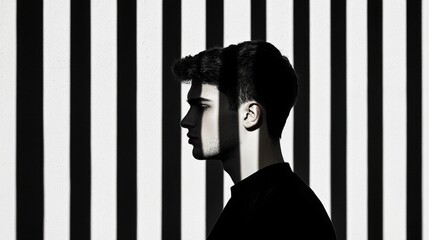 Young Man Silhouetted Against Striped Wall in Black and White Shadow Play