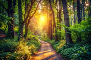 Obraz premium Sunlit Forest Path: Vintage-Style Nature Photography