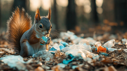 Obraz premium Close up of a squirrels examining littered plastic waste in a forest, environmental impact resources on pollution