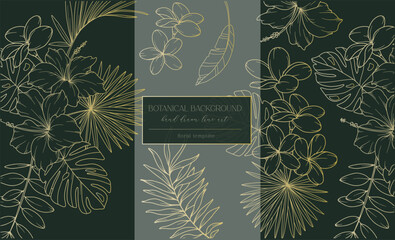 Tropical Flowers Outline. Line Art Tropical Plants. Botanical Background with trendy minimalist tropical plants and flowers. Luxury Floral Line Art Illustration. © Xenia