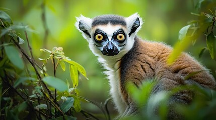 Curious ring-tailed lemur in Madagascar forest.