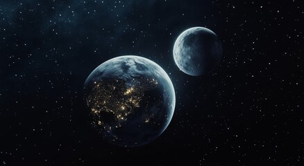 Futuristic landscape from space with planet earth and orbit of the moon