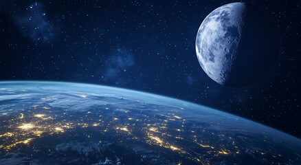 Futuristic landscape from space with planet earth and orbit of the moon