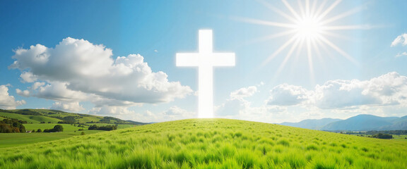 Majestic ash cross in cloudy sky over verdant field, spiritual symbolism