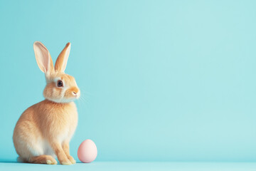 Fototapeta premium Colorful Bunny Rabbit With Blue and Pink Accents Sitting Beside an Egg in a Bright Setting