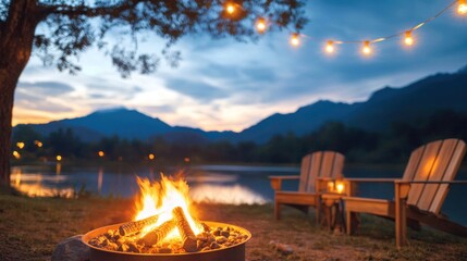 Cozy Campfire Scene by a Tranquil Lake at Dusk with Festive String Lights