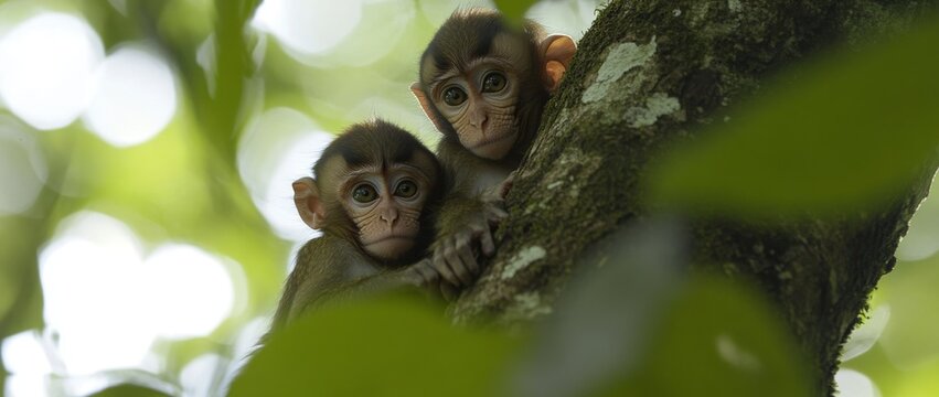 Two little monkeys or macacas in the natural beauty of Khao Ngu Stone Park, Ratchaburi, Thailand, sit on a branch, basking in happiness with an amused look