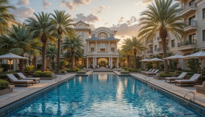 Fototapeta premium Luxury Resort Pool at Sunset: Tranquil escape at a luxurious resort. Palm trees frame a stunning pool reflecting a vibrant sunset, creating an idyllic scene of serenity and relaxation. 