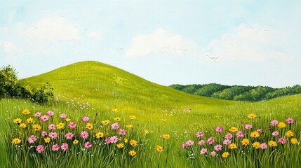 Fototapeta premium Scenic Landscape with Vibrant Flowers and Green Hills Under a Clear Blue Sky