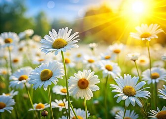 Fototapeta premium Sunny Meadow of Daisies: Vibrant Spring Flowers in a Field, Copy Space Left