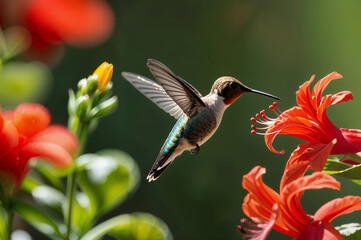 Naklejka premium Close up of a hummingbird feeding from a red flower, wildlife 