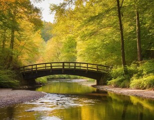 Fototapeta premium A wooden bridge over a calm river surrounded by lush, vibrant green trees and foliage. The sunlight is filtering through the leaves, creating a warm, golden glow on the scene