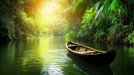 Wooden Boat on Serene Tropical River in Lush Green Forest
