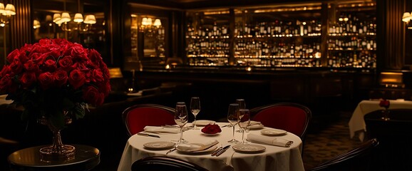 Romantic restaurant dinner setting with roses and bar background.