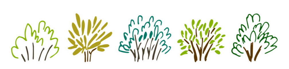 Set of various bushes, trees, forest plants. Nature and vegetation, landscape. Simple color vector drawing.