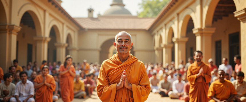 Spiritual guru blessing devotees in ashram courtyard during Maha Shivaratri