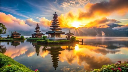 Obraz premium Sunrise at Ulun Danu Bratan Temple, Bali: Serene Morning in Indonesia