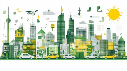 Stylized cityscape illustration showcasing modern architecture, transportation, and urban life