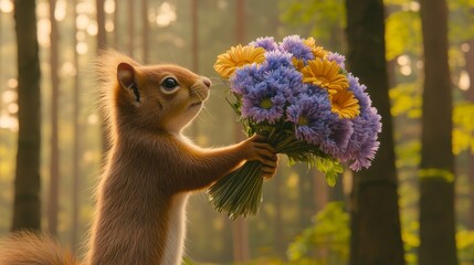 Fototapeta premium Beautiful flowers and a cute squirrel in the garden. Stock