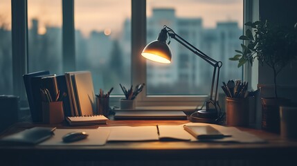 Desk Lamp Illuminates Evening Workspace With Supplies