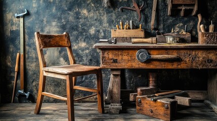 Rustic Workshop Scene With Old Wooden Tools And Chair
