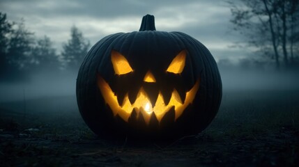 Obraz premium A carved jack-o'-lantern glowing with a spooky face on a dark foggy background