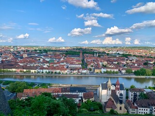 Würzburg Historical Center with Main River and Red-Roofed Medieval Architecture, View from Marienberg Fortress, Bavaria